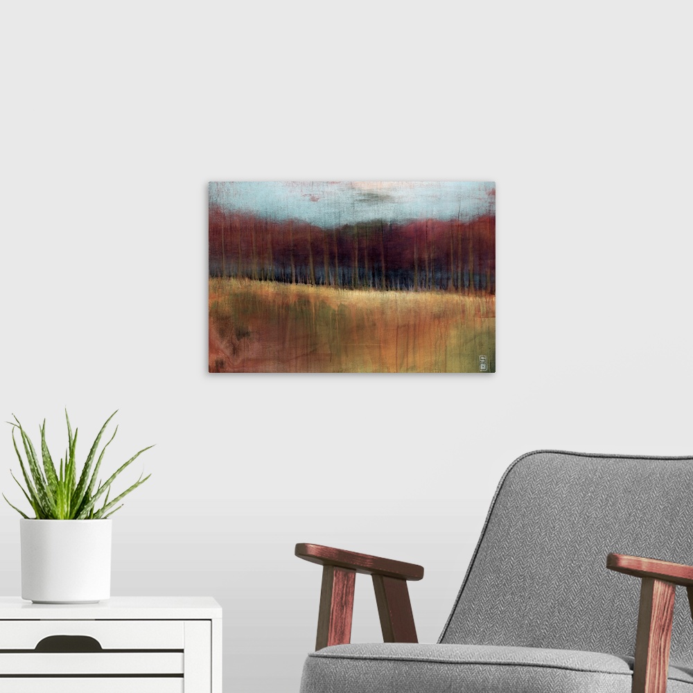 A modern room featuring A horizontal abstract of earth tone colors with a blending line through the center.