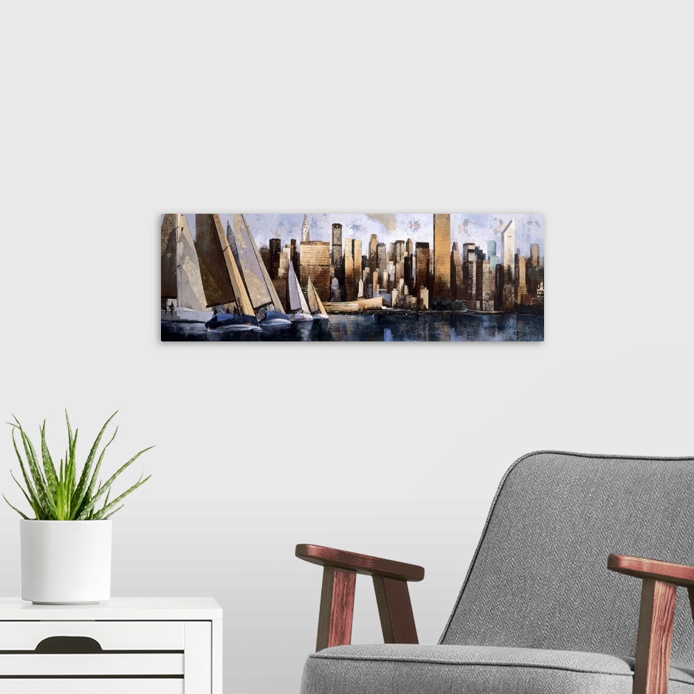 A modern room featuring A horizontal painting of sail boats on the Hudson River with the New York cityscape behind.