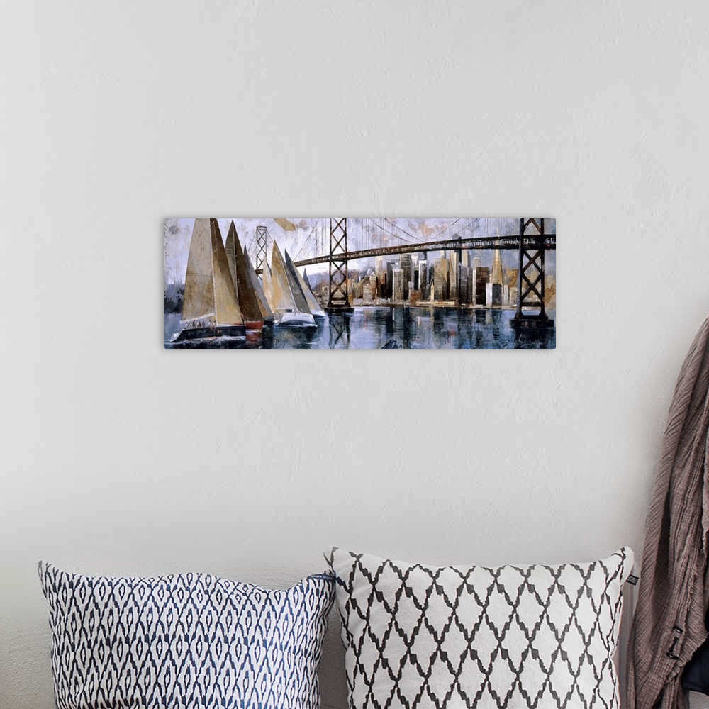 A bohemian room featuring A horizontal painting of sail boats on the bay with the San Francisco cityscape behind.
