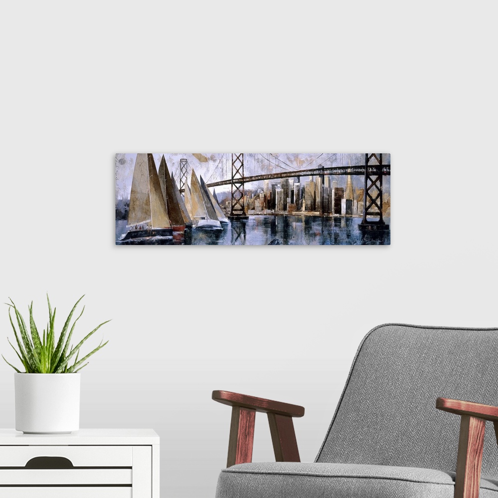 A modern room featuring A horizontal painting of sail boats on the bay with the San Francisco cityscape behind.