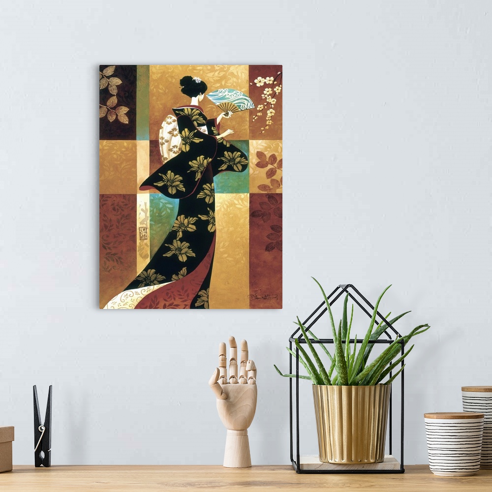 A bohemian room featuring Painting of a Japanese woman in a kimono holding a paper fan.