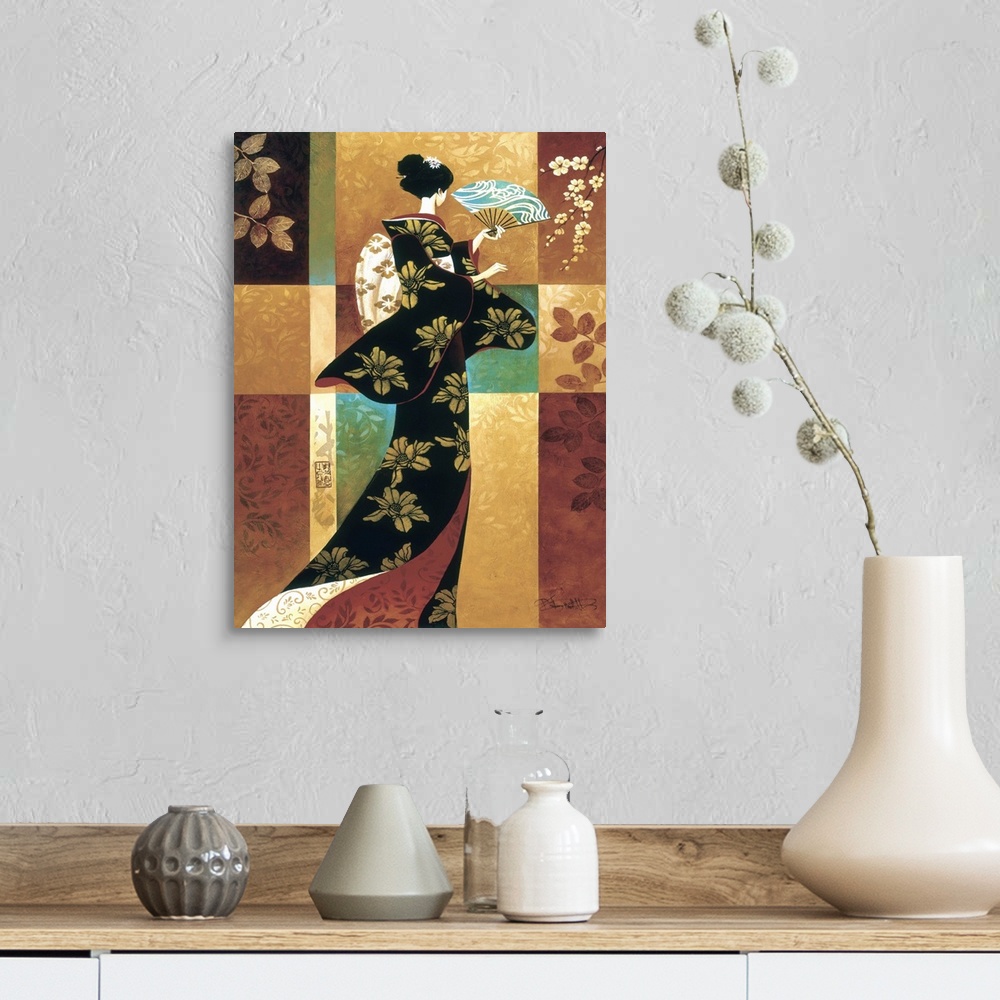 A farmhouse room featuring Painting of a Japanese woman in a kimono holding a paper fan.
