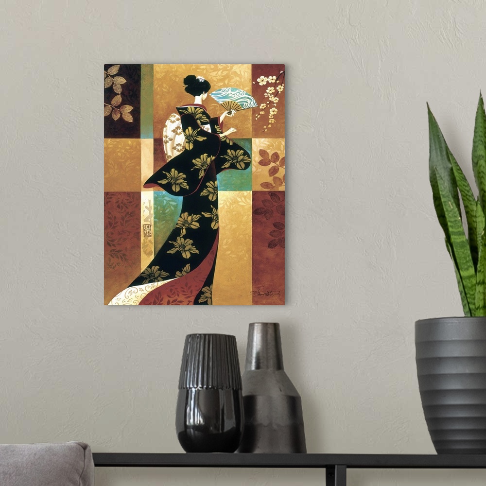 A modern room featuring Painting of a Japanese woman in a kimono holding a paper fan.