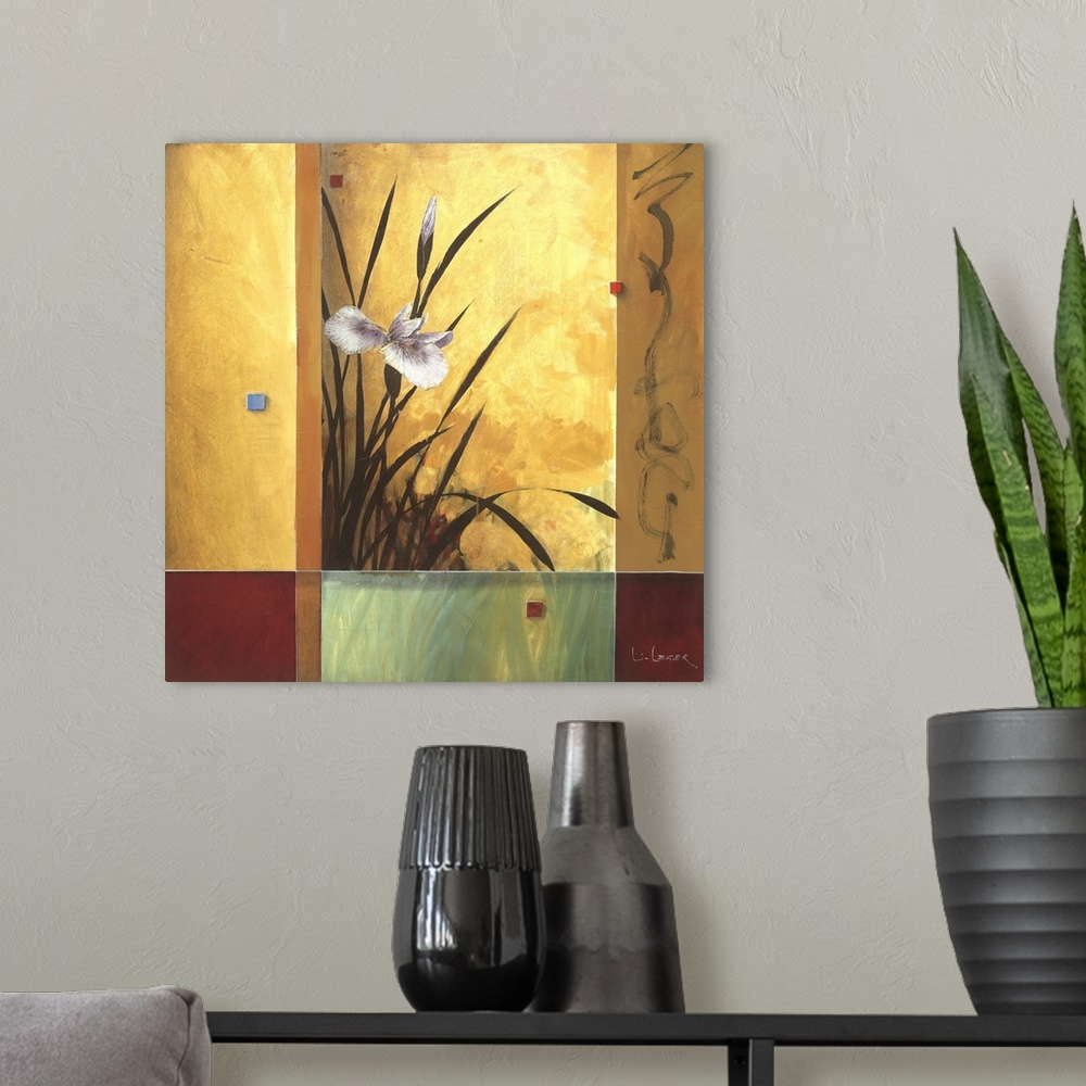 A modern room featuring A contemporary square painting of irises with a square grid design.