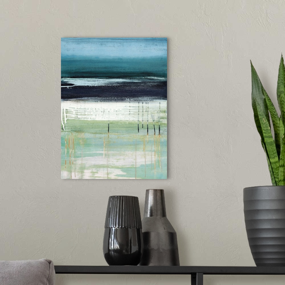 A modern room featuring A modern abstract landscape of a beach scene in bold brush strokes of  gray green and blue.
