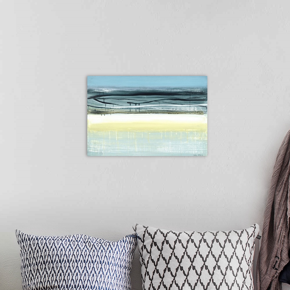 A bohemian room featuring A modern abstract landscape of a beach scene in bold brush strokes of  gray, yellow and blue.