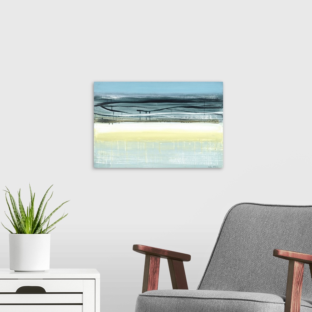 A modern room featuring A modern abstract landscape of a beach scene in bold brush strokes of  gray, yellow and blue.