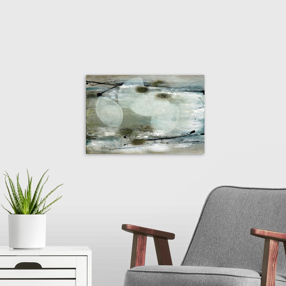 A modern room featuring An abstract painting in neutral tones with fine black and white lines and textured strokes.