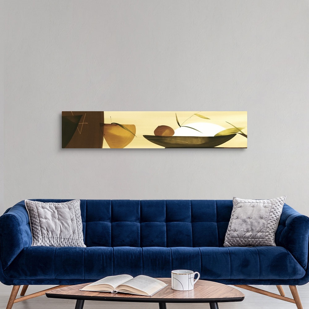 A modern room featuring A long horizontal painting in a modern design of fruit in a bowl on a neutral backdrop.