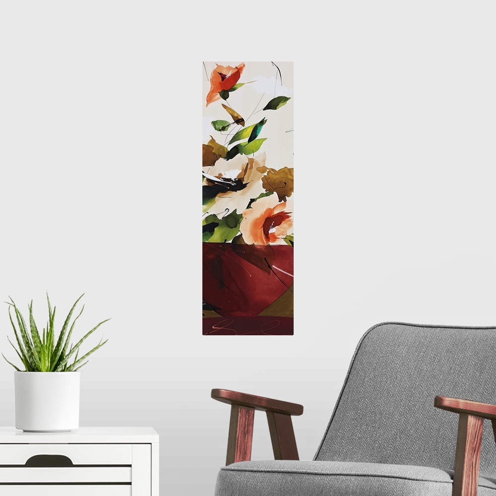 A modern room featuring A modern abstract of a bouquet of flowers in a red vase.