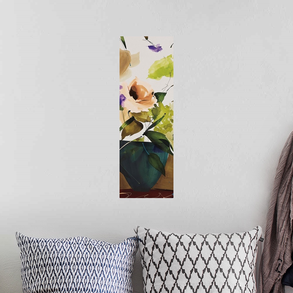 A bohemian room featuring A modern abstract of a bouquet of flowers in a blue vase.