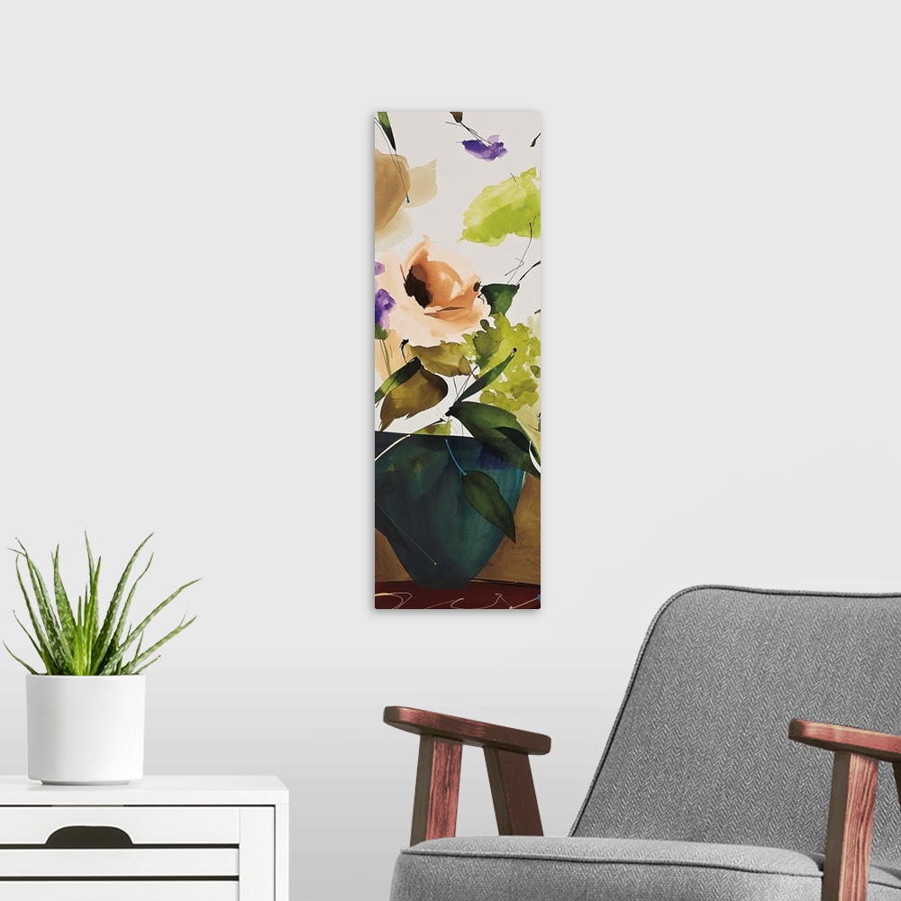 A modern room featuring A modern abstract of a bouquet of flowers in a blue vase.