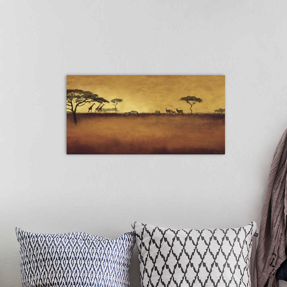 A bohemian room featuring Painting of the African plains with animals in the distance.