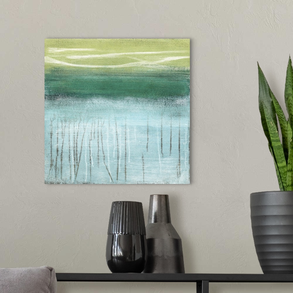 A modern room featuring A modern abstract landscape of a beach scene in bold brush strokes of green and blue with drips o...
