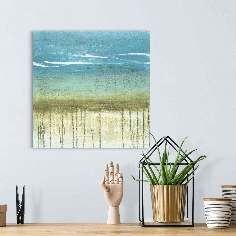 A bohemian room featuring A modern abstract landscape of a beach scene in bold brush strokes of green and blue with drips o...