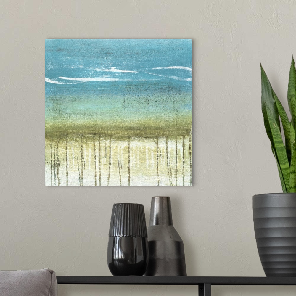 A modern room featuring A modern abstract landscape of a beach scene in bold brush strokes of green and blue with drips o...