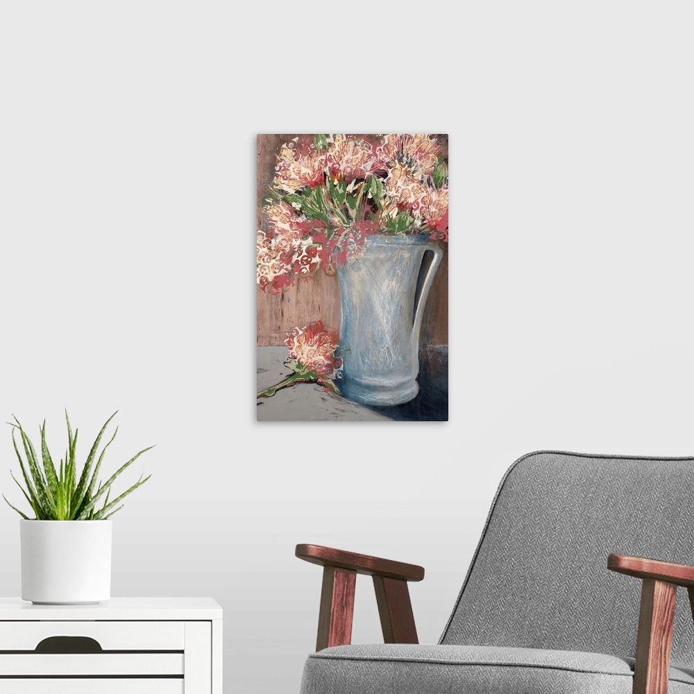 A modern room featuring A modern painting of a vase of flowers done in layers of paint with a circular design on the top ...