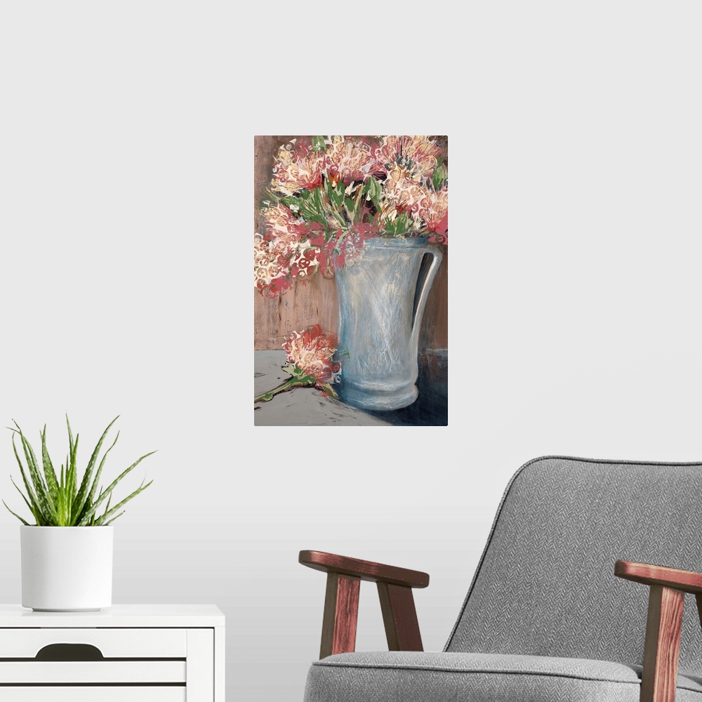 A modern room featuring A modern painting of a vase of flowers done in layers of paint with a circular design on the top ...