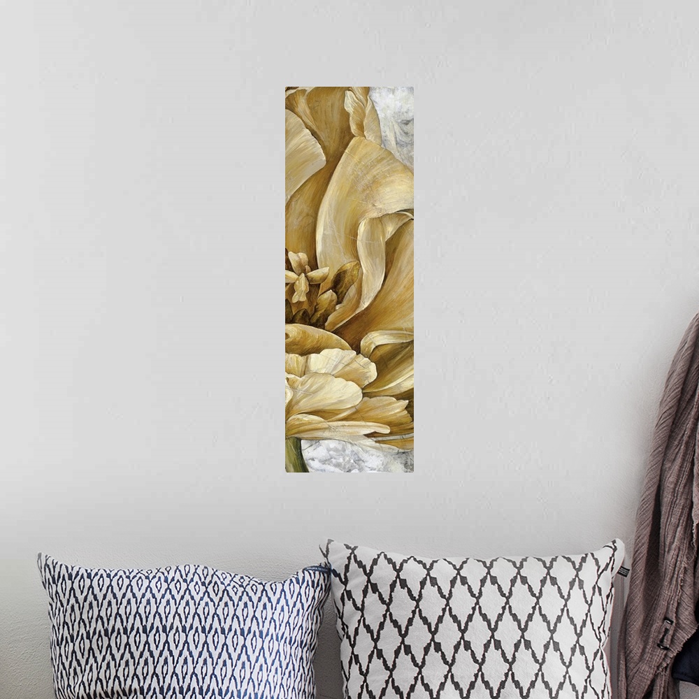 A bohemian room featuring Vertical painting of a close up of a white flower.