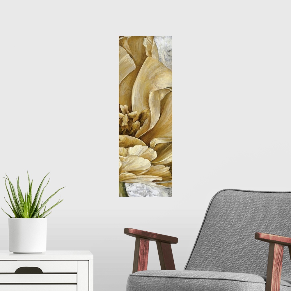 A modern room featuring Vertical painting of a close up of a white flower.