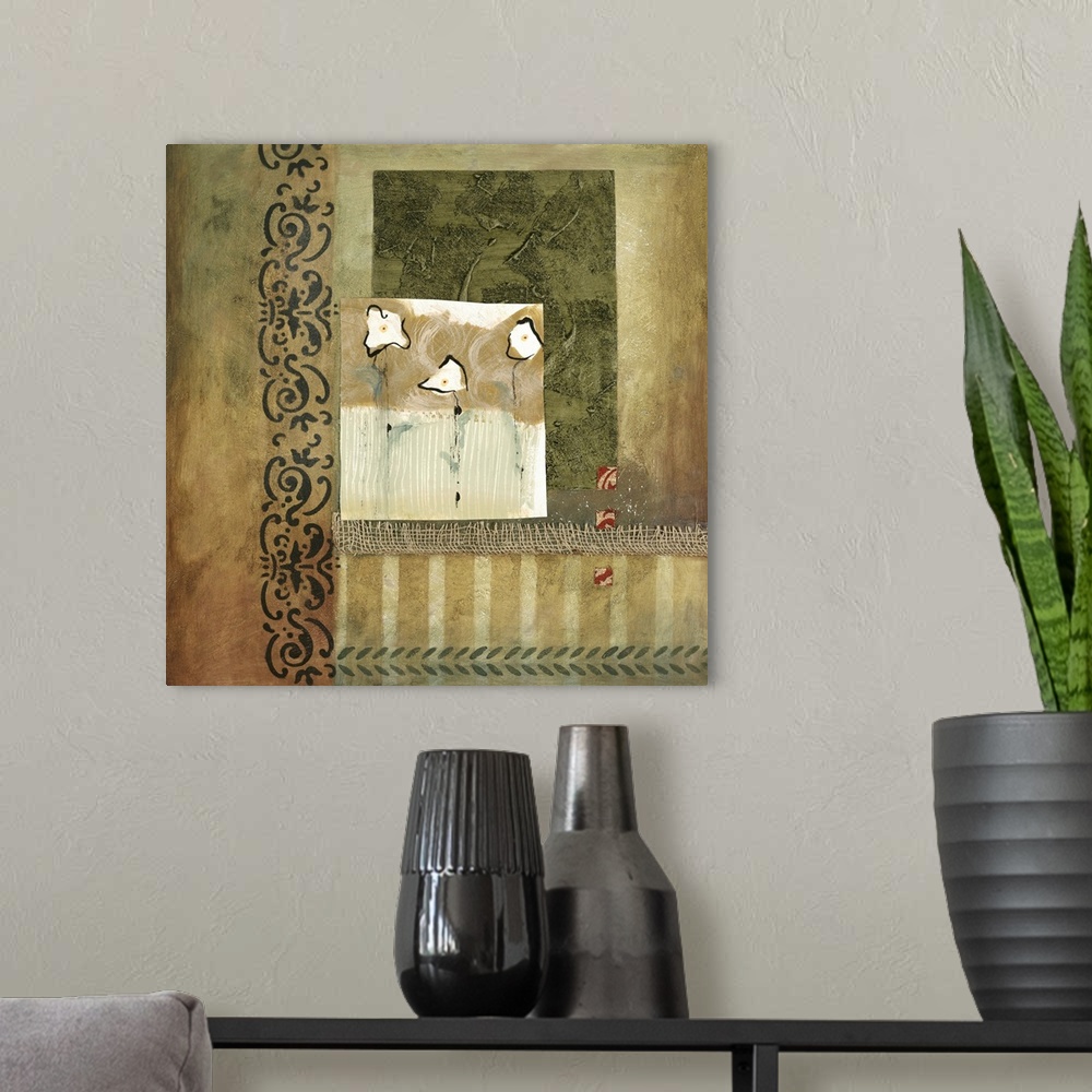 A modern room featuring A mixed media design of white flowers framed by a gold box which is bordered on two sides by a fl...