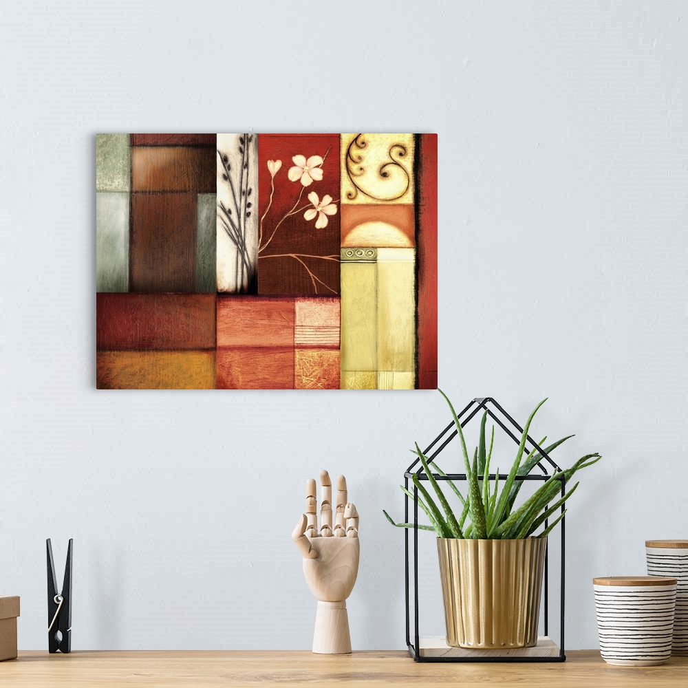 A bohemian room featuring A horizontal painting of a series of joined boxes of different colors with elements of flowers an...