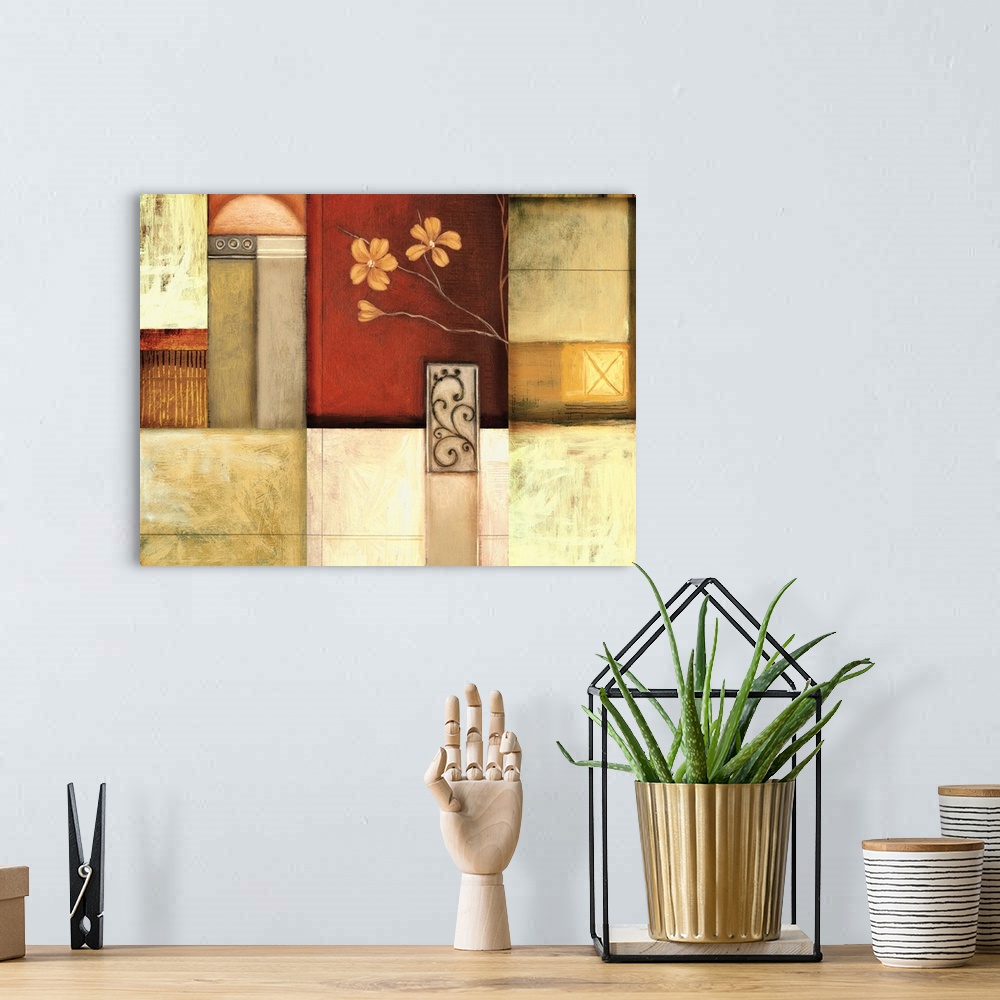 A bohemian room featuring A horizontal painting of a series of joined boxes of different colors with elements of flowers an...