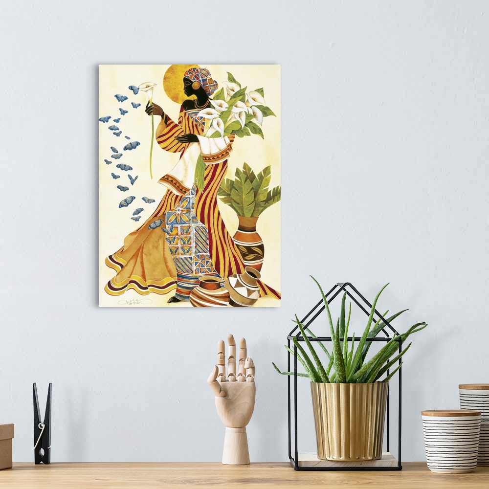 A bohemian room featuring An African woman in a beautiful patterned robes holding white lilies and looking at butterflies.
