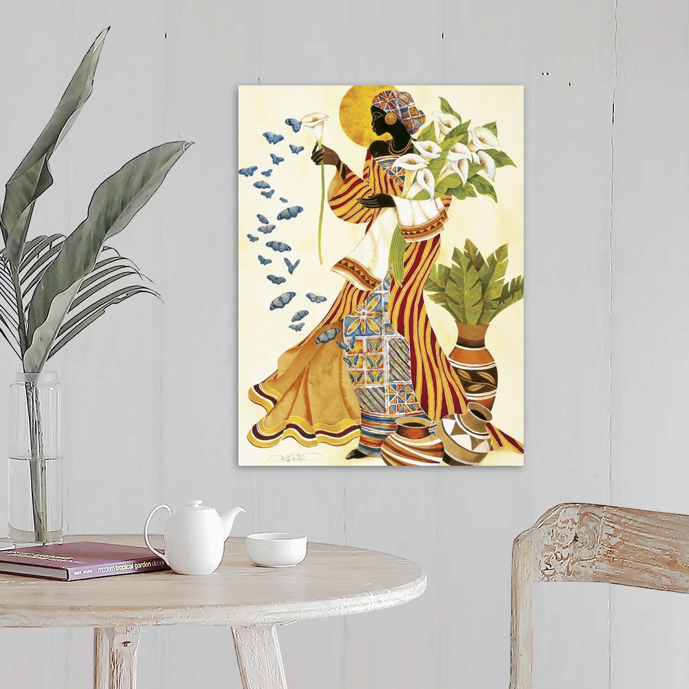 A farmhouse room featuring An African woman in a beautiful patterned robes holding white lilies and looking at butterflies.
