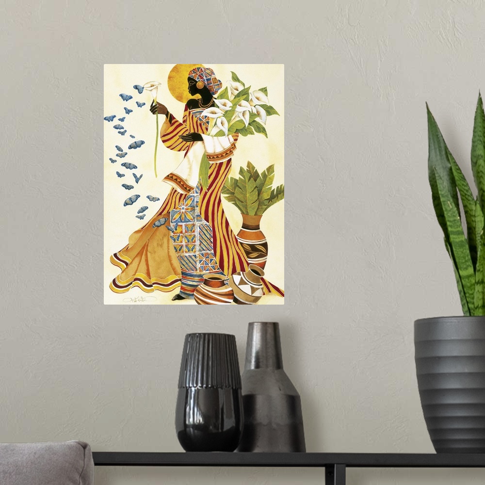 A modern room featuring An African woman in a beautiful patterned robes holding white lilies and looking at butterflies.