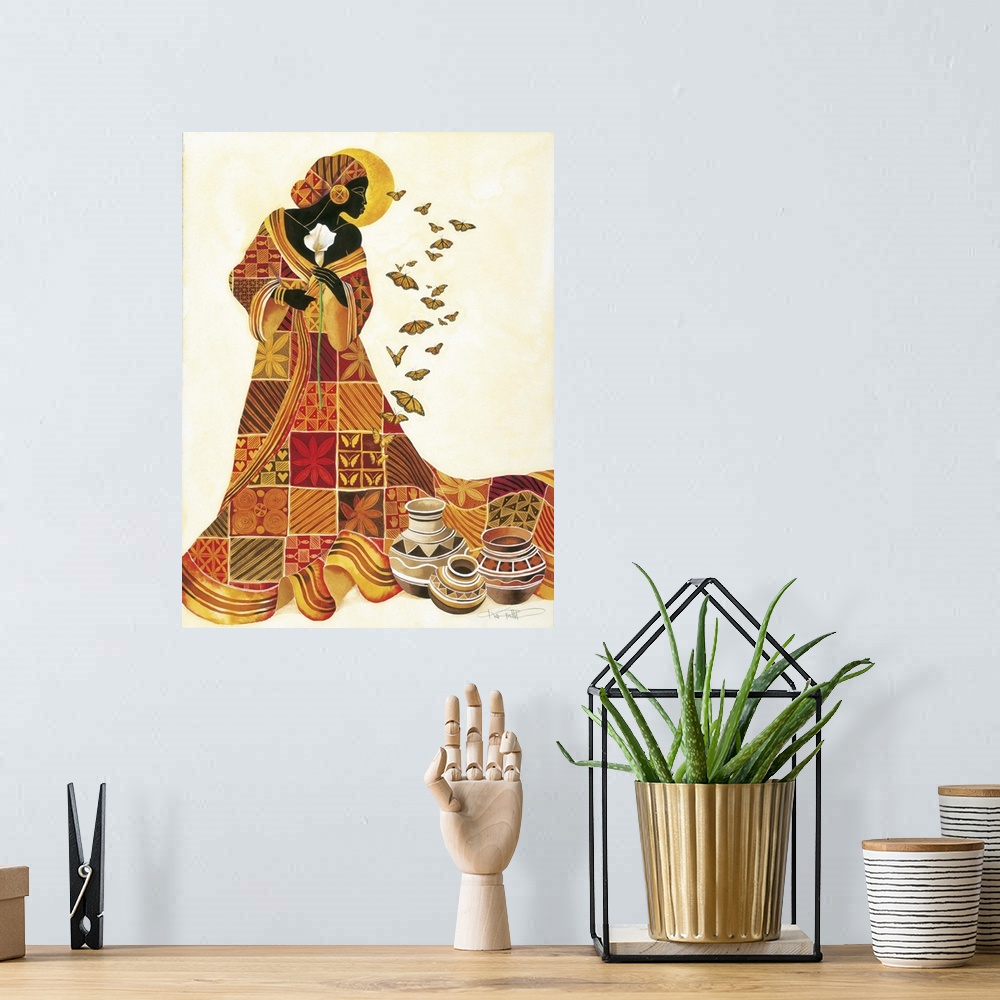 A bohemian room featuring Artwork of an African woman in a patterned orange robe holding a flower and looking at butterflies.