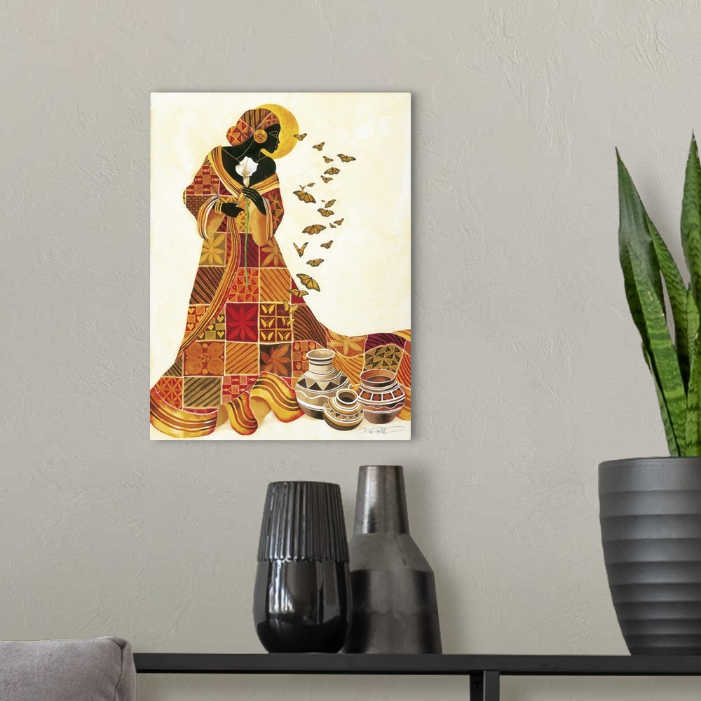 A modern room featuring Artwork of an African woman in a patterned orange robe holding a flower and looking at butterflies.