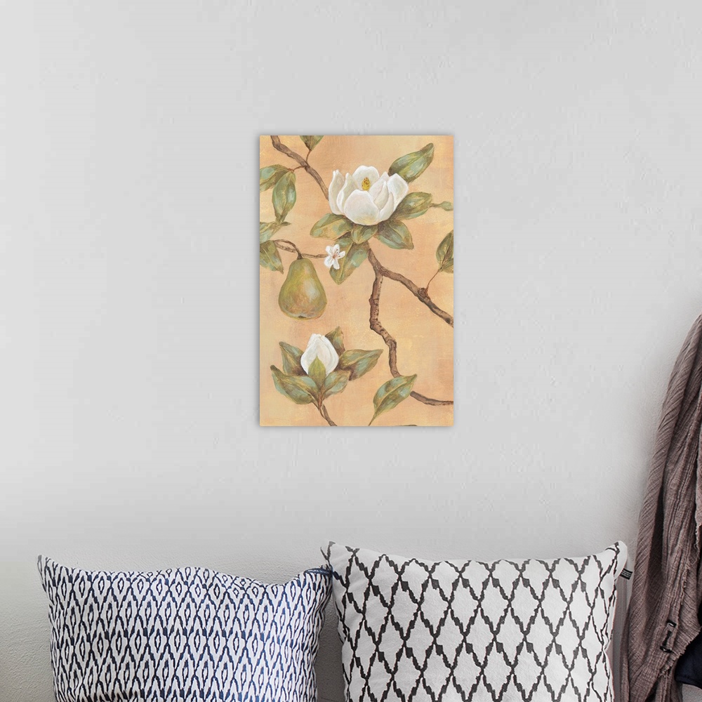 A bohemian room featuring Decor artwork of white blossoms and green pears on a tree branch on a warm backdrop.