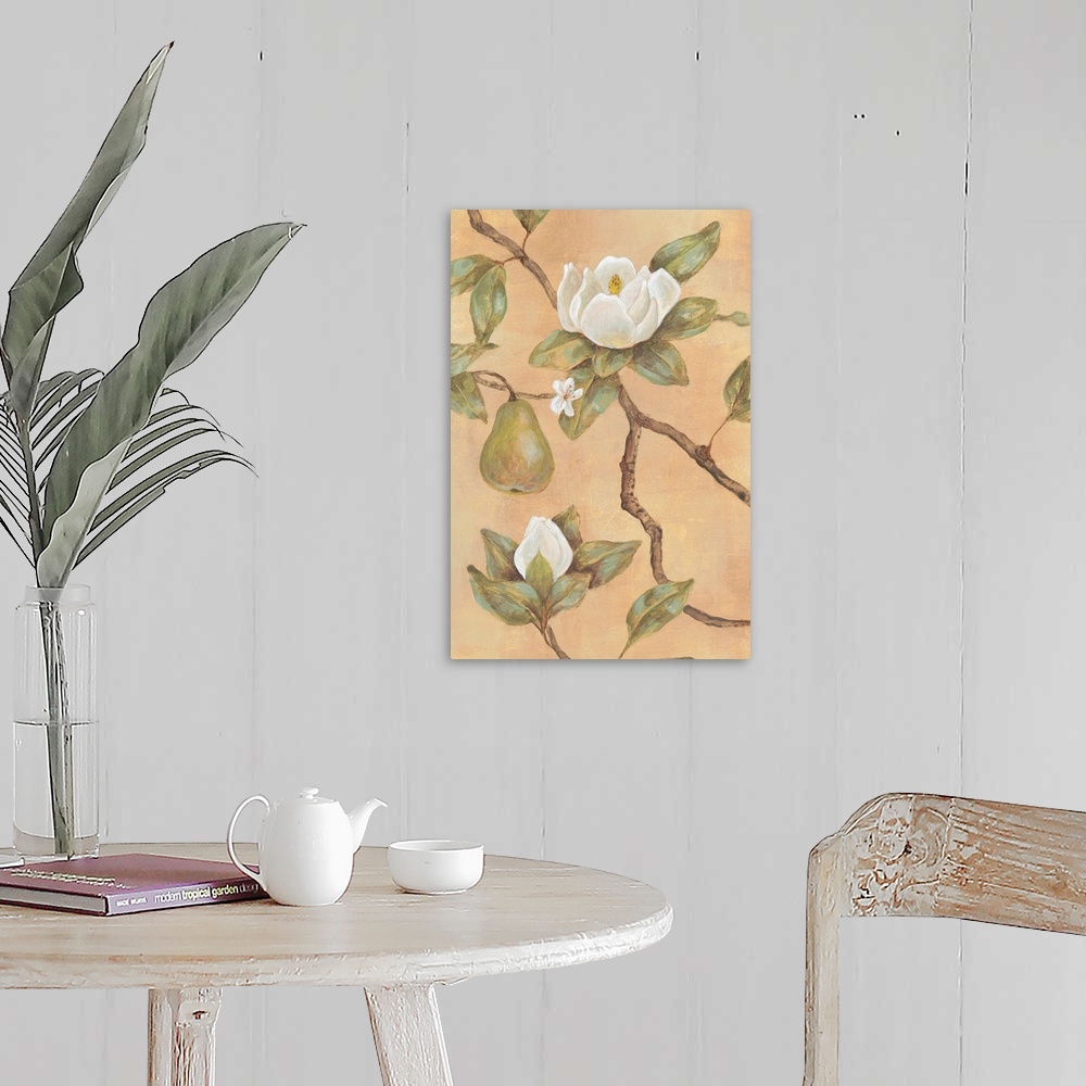 A farmhouse room featuring Decor artwork of white blossoms and green pears on a tree branch on a warm backdrop.