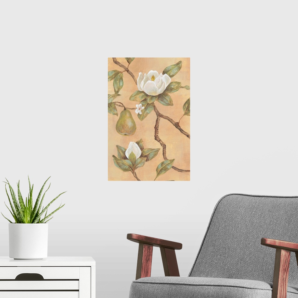 A modern room featuring Decor artwork of white blossoms and green pears on a tree branch on a warm backdrop.