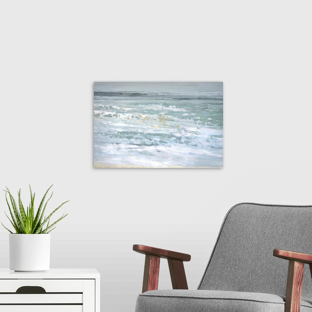 A modern room featuring A modern abstract landscape of a beach scene in bold brush strokes of white, gray and teal.