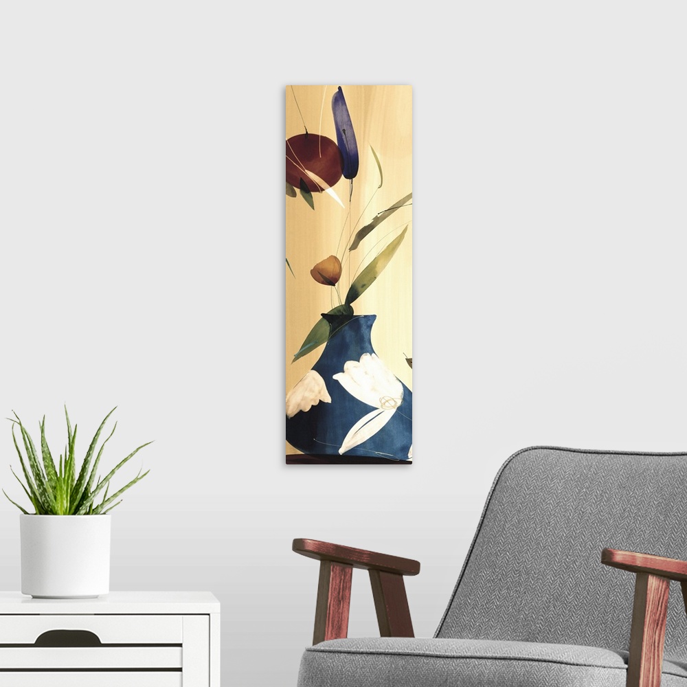 A modern room featuring A long vertical painting in a modern design of flowers in a blue vase.