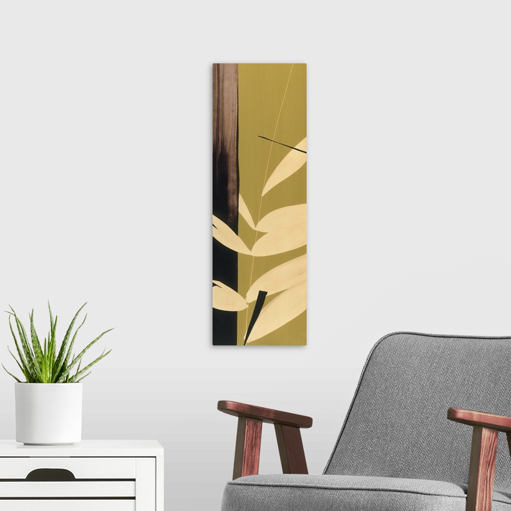 A modern room featuring A long vertical painting in a modern design of leaves on a green backdrop.