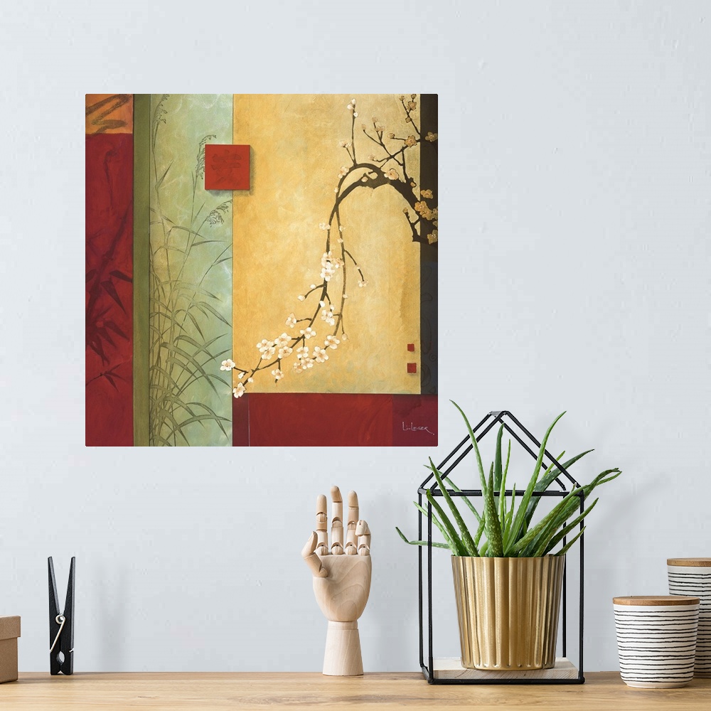 A bohemian room featuring A contemporary Asian theme painting with cherry blossoms and a square grid design.