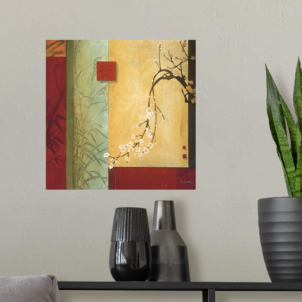 A modern room featuring A contemporary Asian theme painting with cherry blossoms and a square grid design.