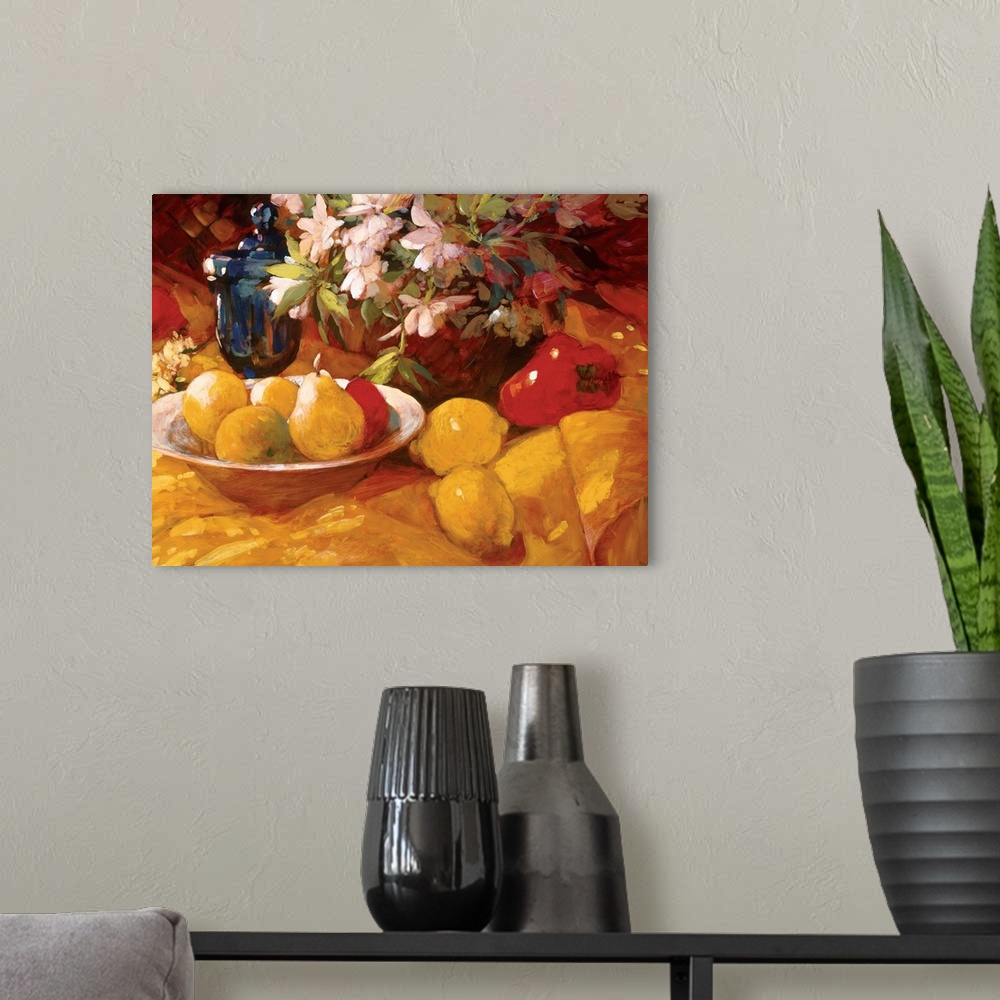 A modern room featuring A contemporary still life of a vase of flowers with a bowl of lemons and pears on a table.