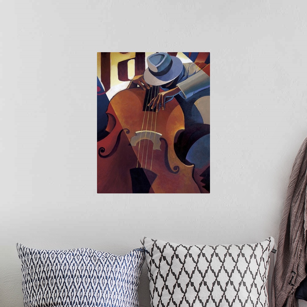 A bohemian room featuring Contemporary painting of a jazz musician playing the bass.