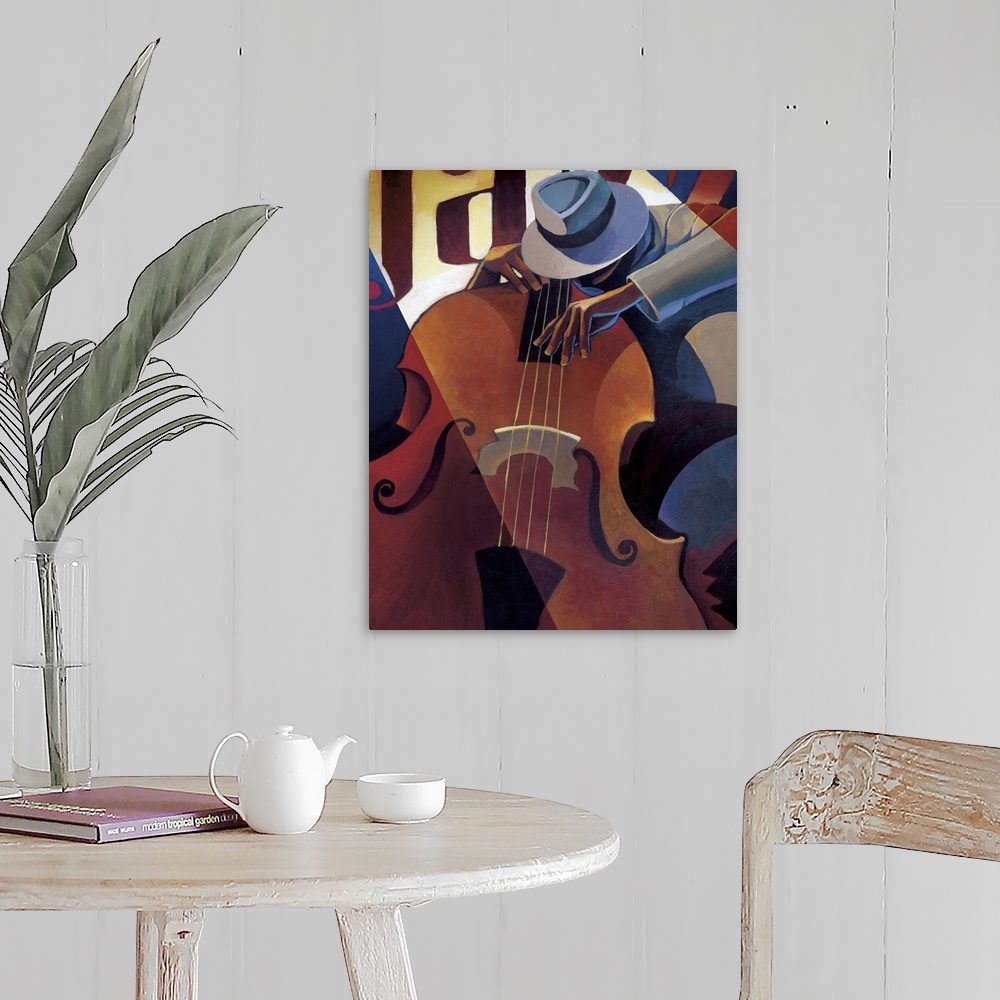 A farmhouse room featuring Contemporary painting of a jazz musician playing the bass.