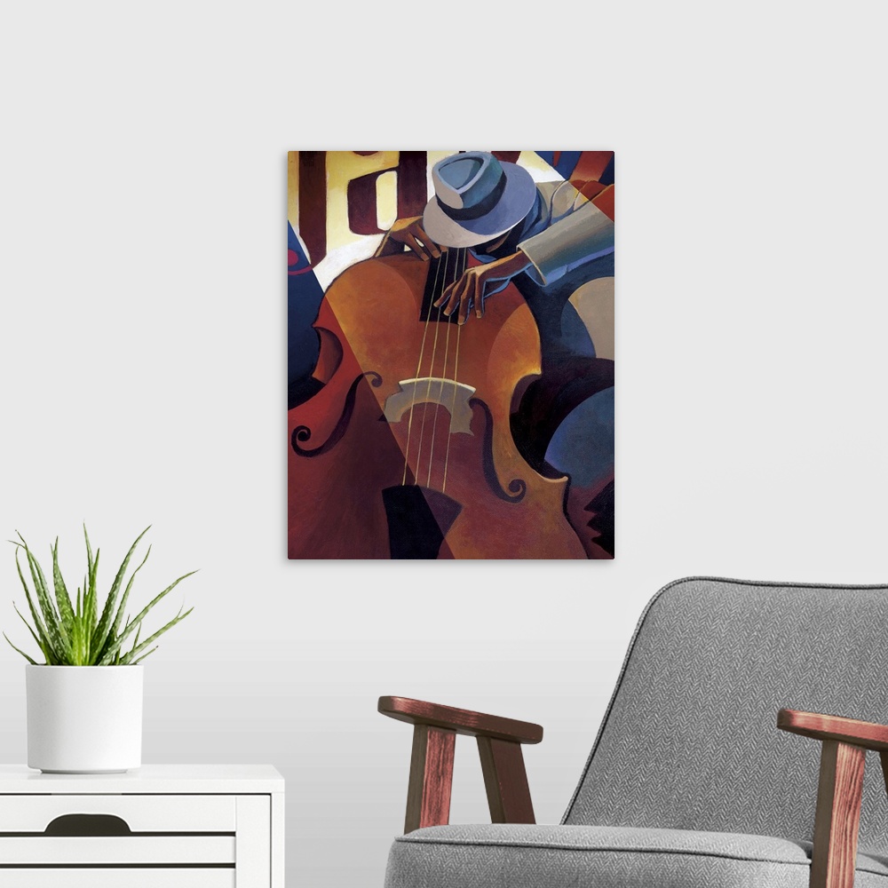 A modern room featuring Contemporary painting of a jazz musician playing the bass.