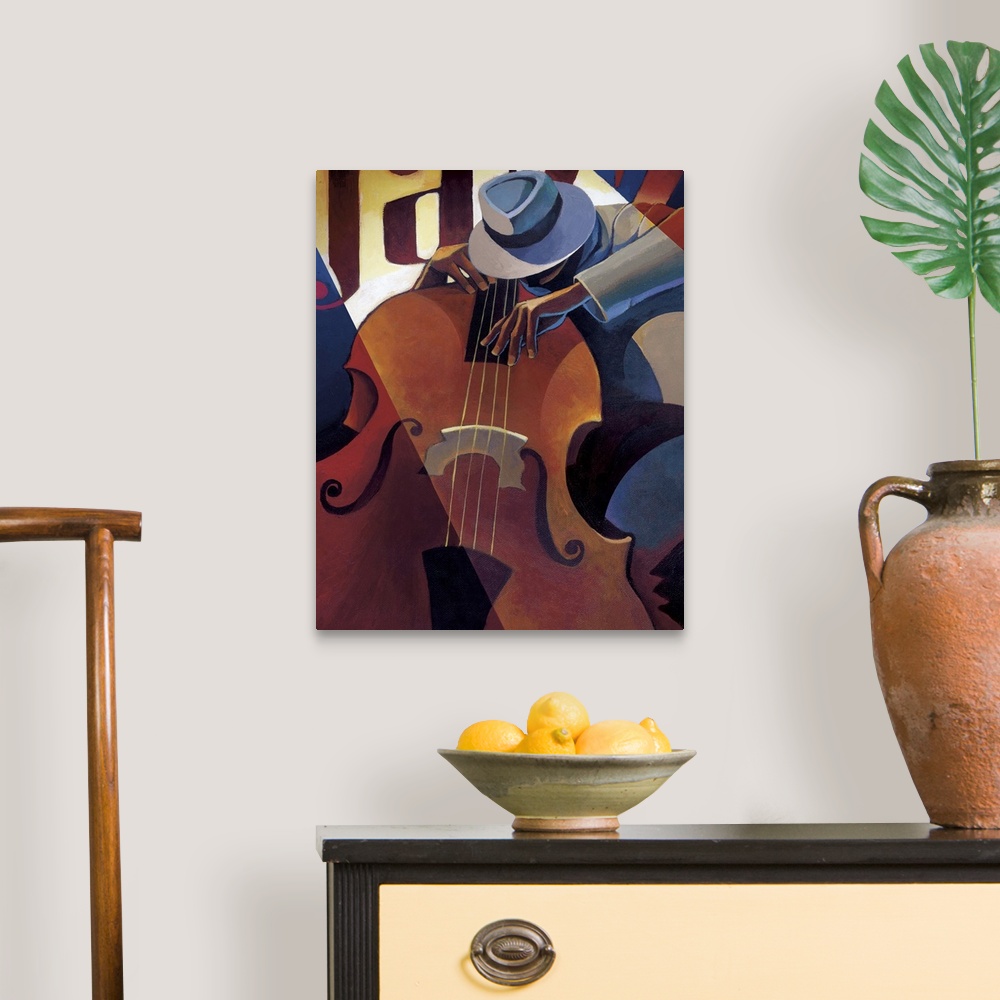 A traditional room featuring Contemporary painting of a jazz musician playing the bass.