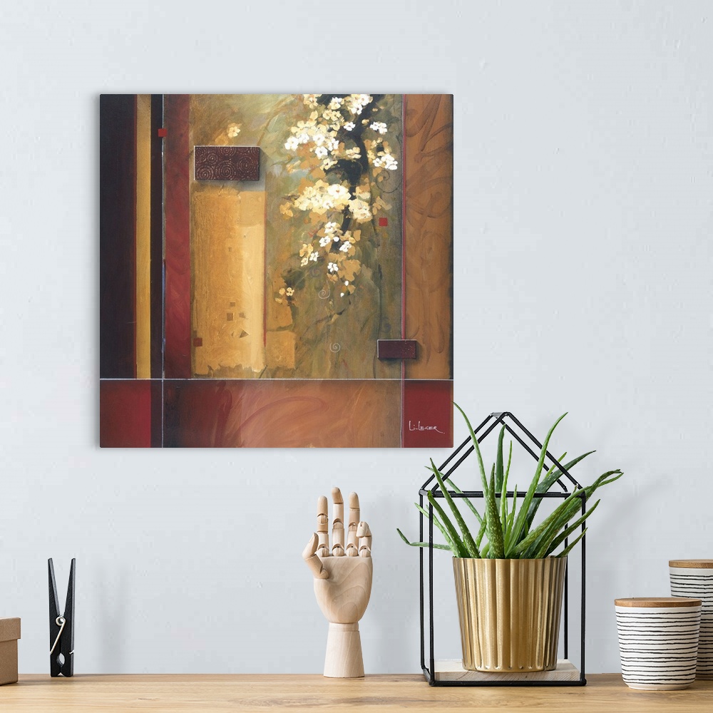 A bohemian room featuring A contemporary Asian theme painting with cherry blossoms with a square grid design.