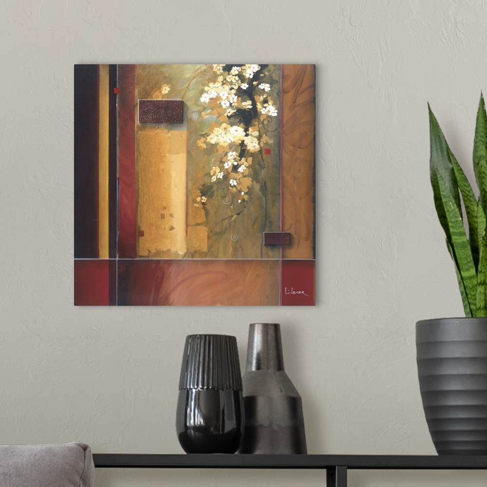 A modern room featuring A contemporary Asian theme painting with cherry blossoms with a square grid design.