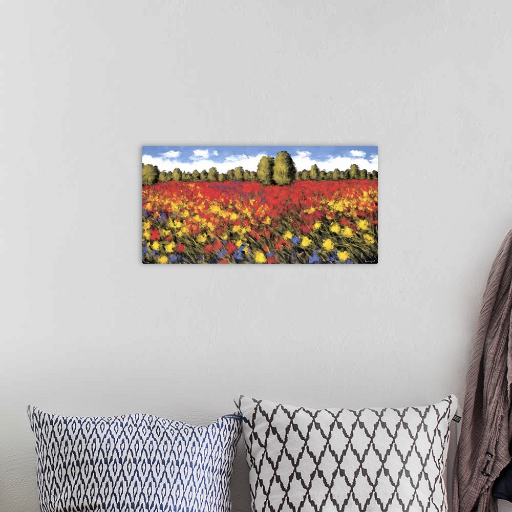 A bohemian room featuring A panoramic image of a field of red and yellow flowers with a line of trees in the background.