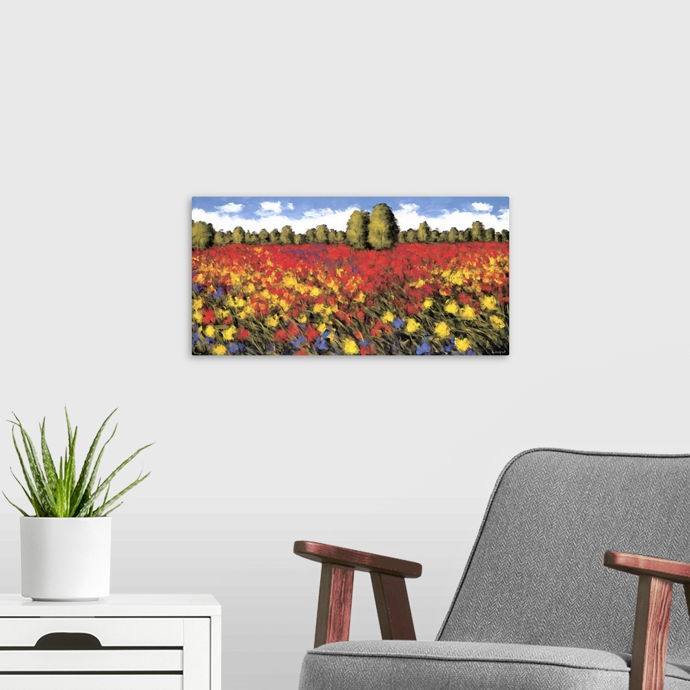 A modern room featuring A panoramic image of a field of red and yellow flowers with a line of trees in the background.