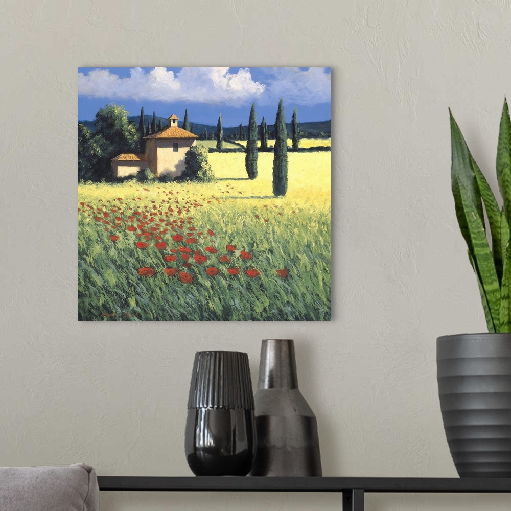 A modern room featuring Painting of a field of poppies near a farm house in Tuscany.